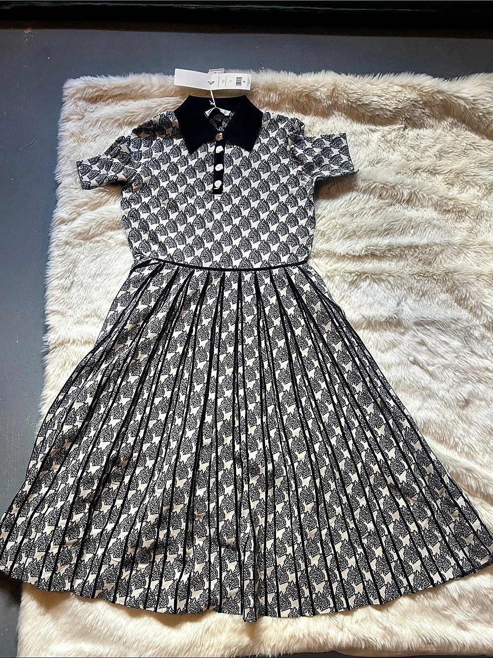 Tory Burch Jacquard Polo Dress Midi Dress White & Black Small